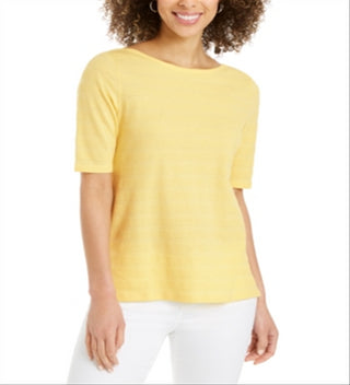 Charter Club Top feminino listrado com textura de algodão e manga cotovelo, amarelo, tamanho XX-G