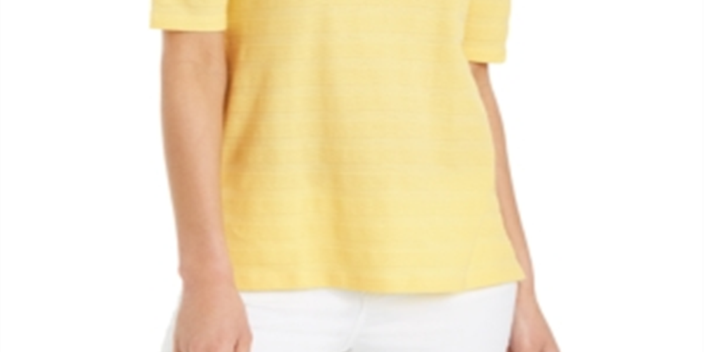 Charter Club Top feminino listrado com textura de algodão e manga cotovelo, amarelo, tamanho XX-G