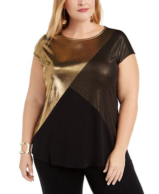 Camiseta Alfani Feminina Colorblock Metálica Preta Tamanho 2X