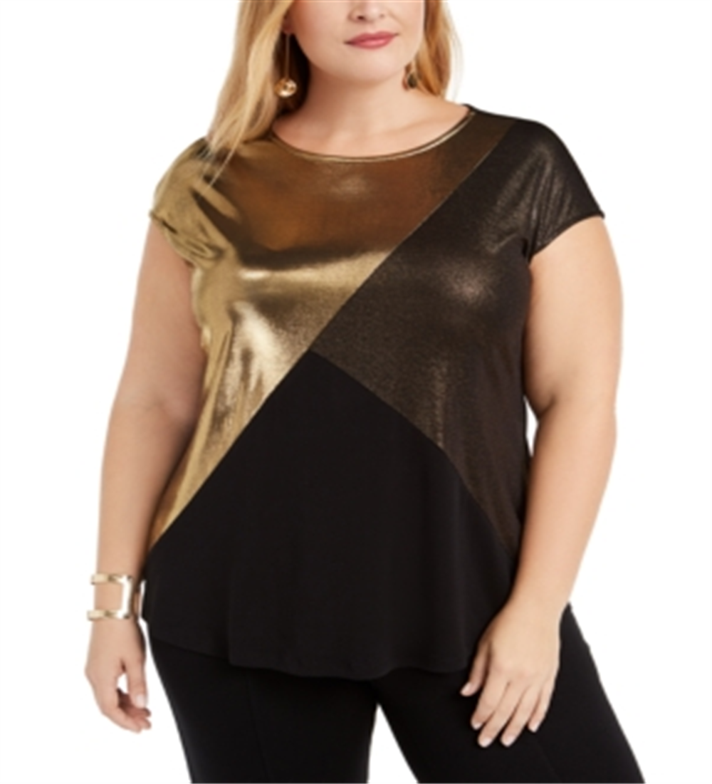 Camiseta Alfani Feminina Colorblock Metálica Preta Tamanho 2X
