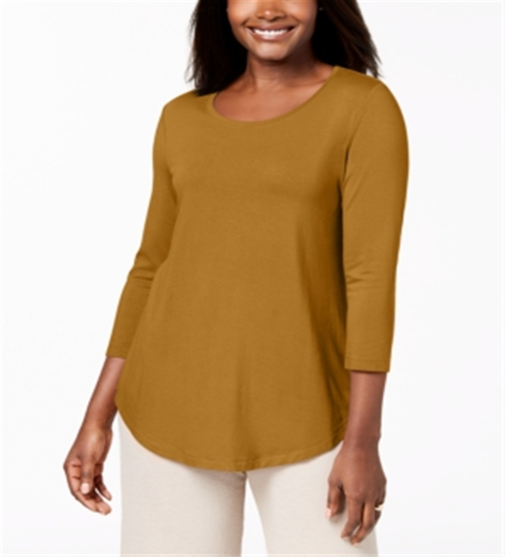 JM Collection Top feminino manga três quartos amarelo tamanho pequeno médio
