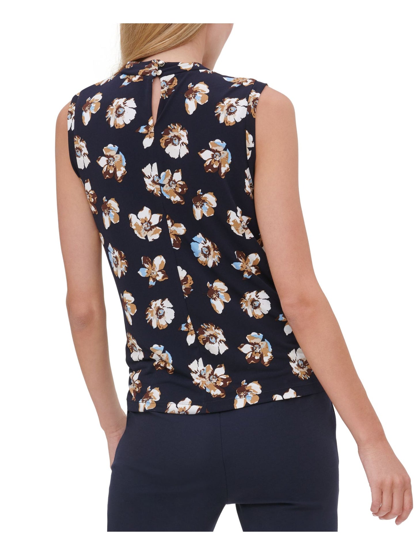 Blusa feminina Tommy Hilfiger com decote torcido e estampa floral, sem mangas, azul, tamanho pequeno