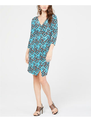 INC International Concepts Vestido de festa feminino turquesa com fenda estampada, manga 3/4, decote em V acima do joelho, tamanho pequeno, preto