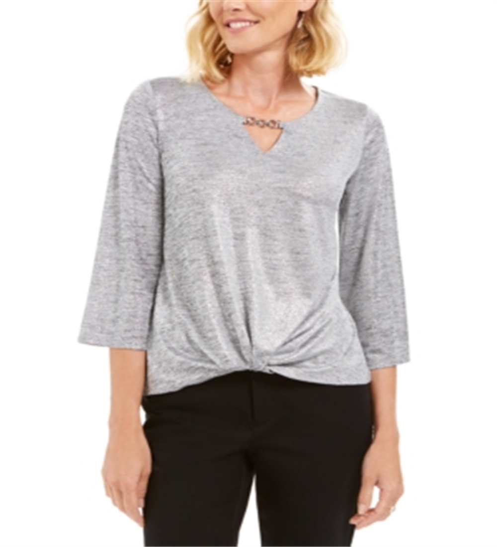 JM Collection Top Feminino com Bainha Torcida e Decote em V, Prateado, Tamanho X-S