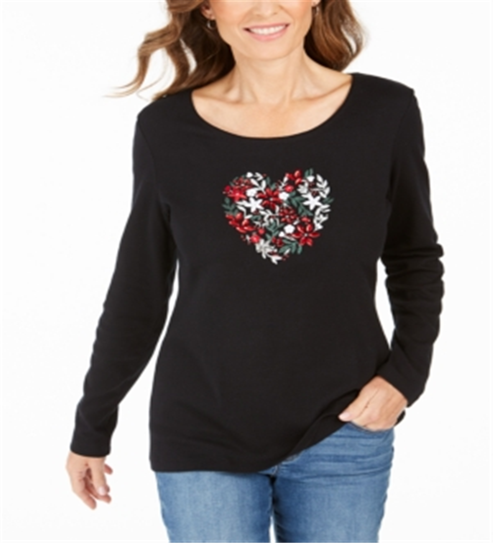 Karen Scott Blusa de algodão Joyful Heart feminina, preta, tamanho X-S