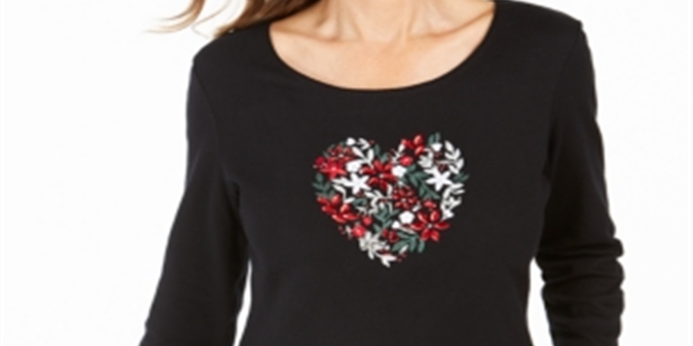 Karen Scott Blusa de algodão Joyful Heart feminina, preta, tamanho X-S