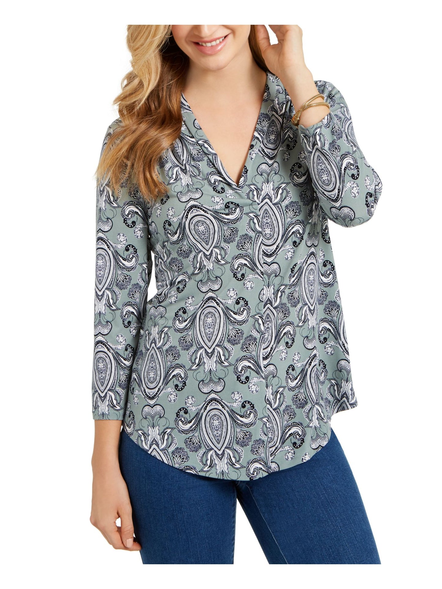 Charter Club Feminino Curvo Bainha Paisley Manga 3/4 Decote Sobrepeliz Vestir para o Trabalho Top Verde Tamanho P