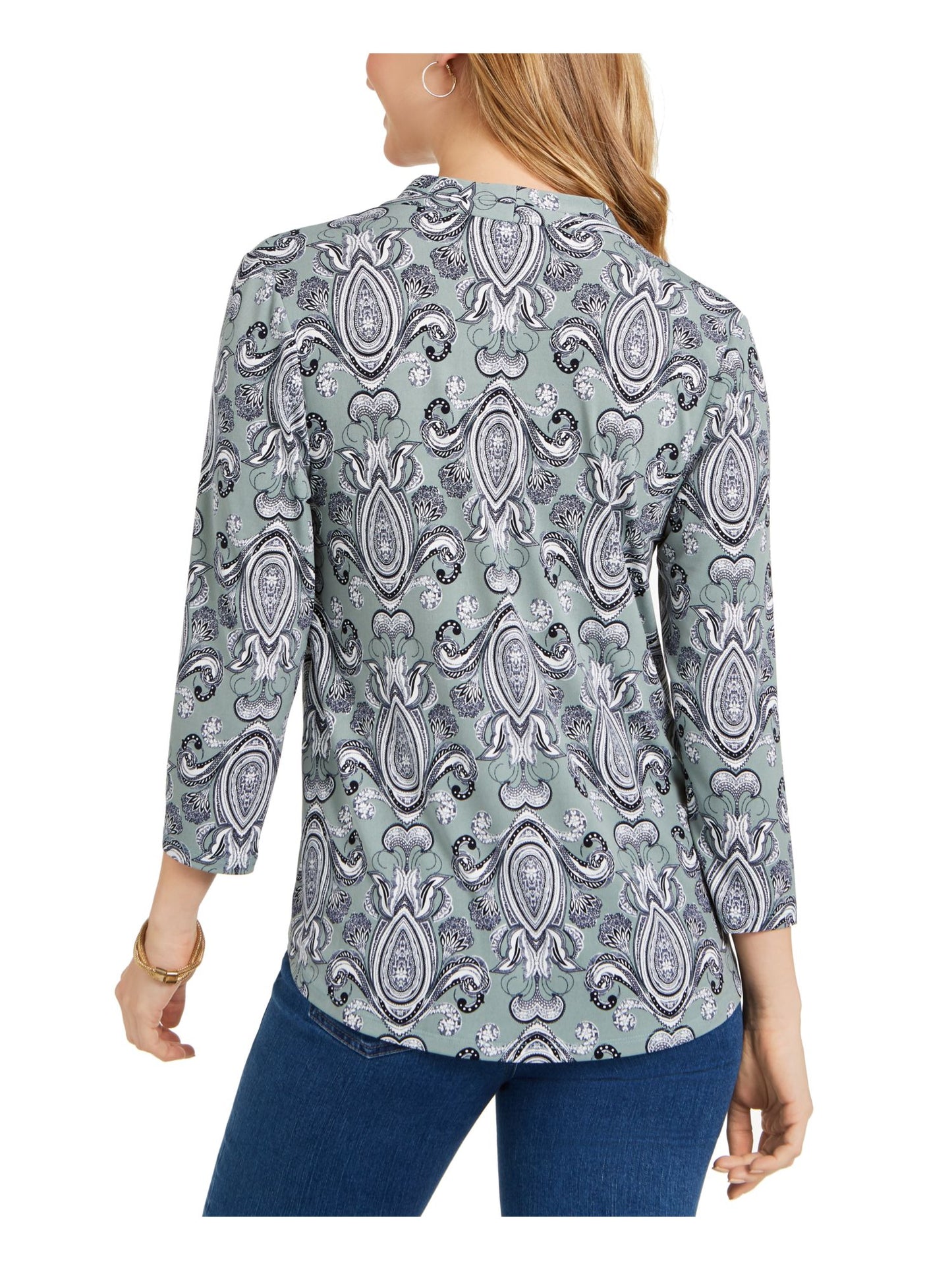 Charter Club Feminino Curvo Bainha Paisley Manga 3/4 Decote Sobrepeliz Vestir para o Trabalho Top Verde Tamanho P