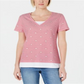Camiseta feminina Karen Scott com micro listras e estrelas, vermelha, tamanho pequeno grande