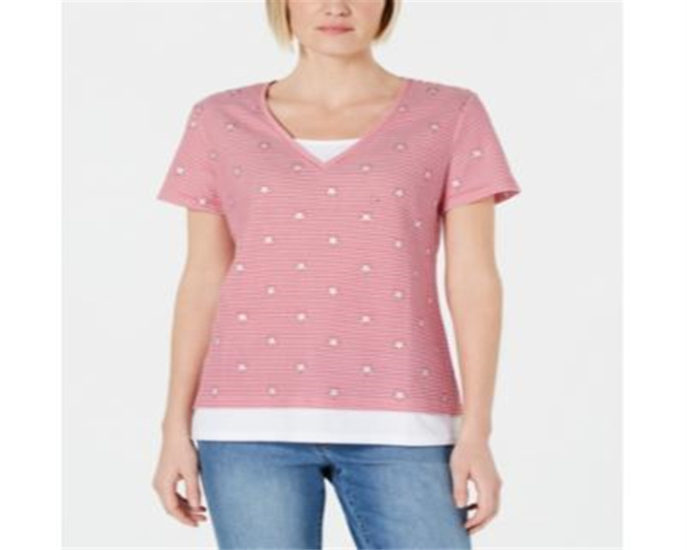 Camiseta feminina Karen Scott com micro listras e estrelas, vermelha, tamanho pequeno grande