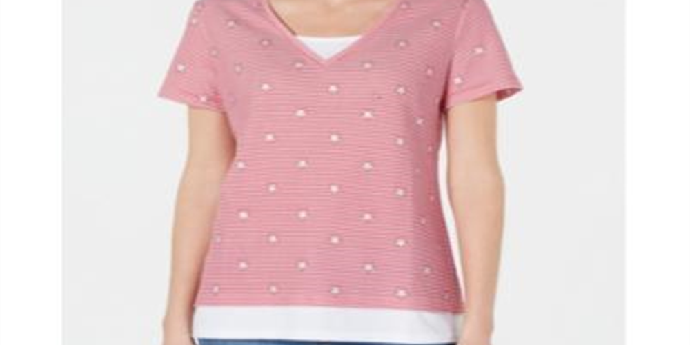 Camiseta feminina Karen Scott com micro listras e estrelas, vermelha, tamanho pequeno grande