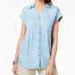 Blusa plissada com mangas e punhos Style &amp; Co feminina, azul, tamanho pequeno