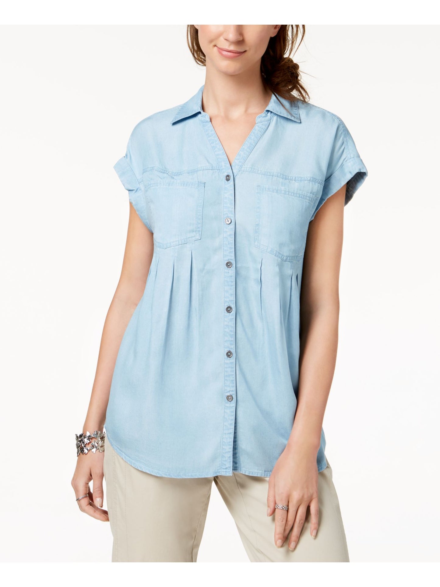 Blusa plissada com mangas e punhos Style &amp; Co feminina, azul, tamanho pequeno