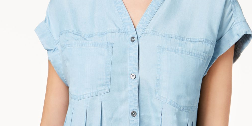 Blusa plissada com mangas e punhos Style &amp; Co feminina, azul, tamanho pequeno