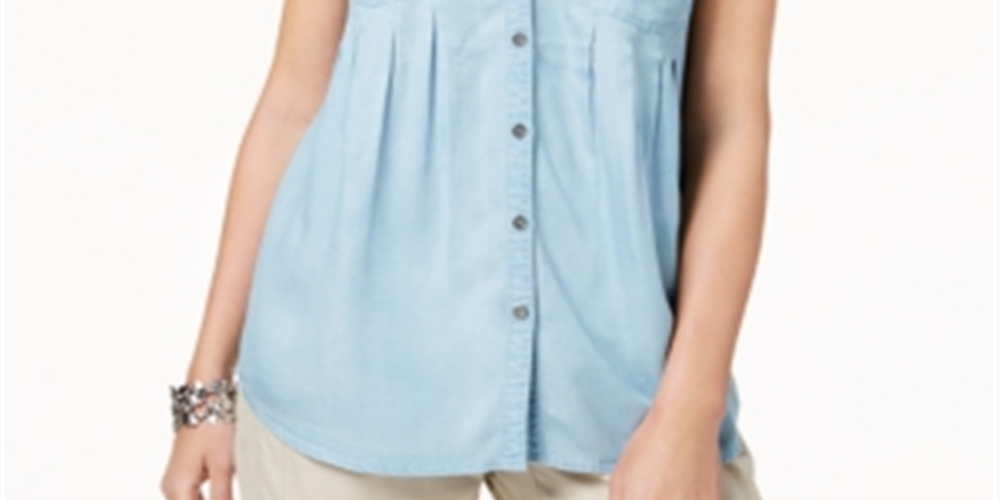 Blusa plissada com mangas e punhos Style &amp; Co feminina, azul, tamanho pequeno