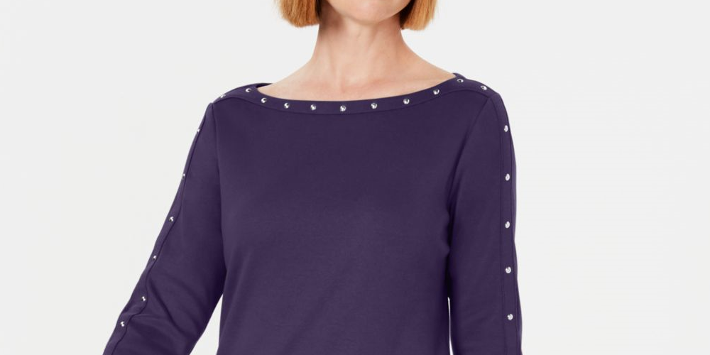 Vestido feminino Karen Scott com decote canoa e tachas, roxo, tamanho pequeno G