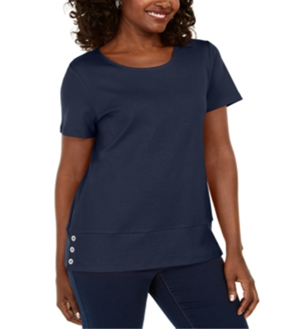 Karen Scott Blusa feminina de algodão com decote redondo e bainha com botões, azul, tamanho grande