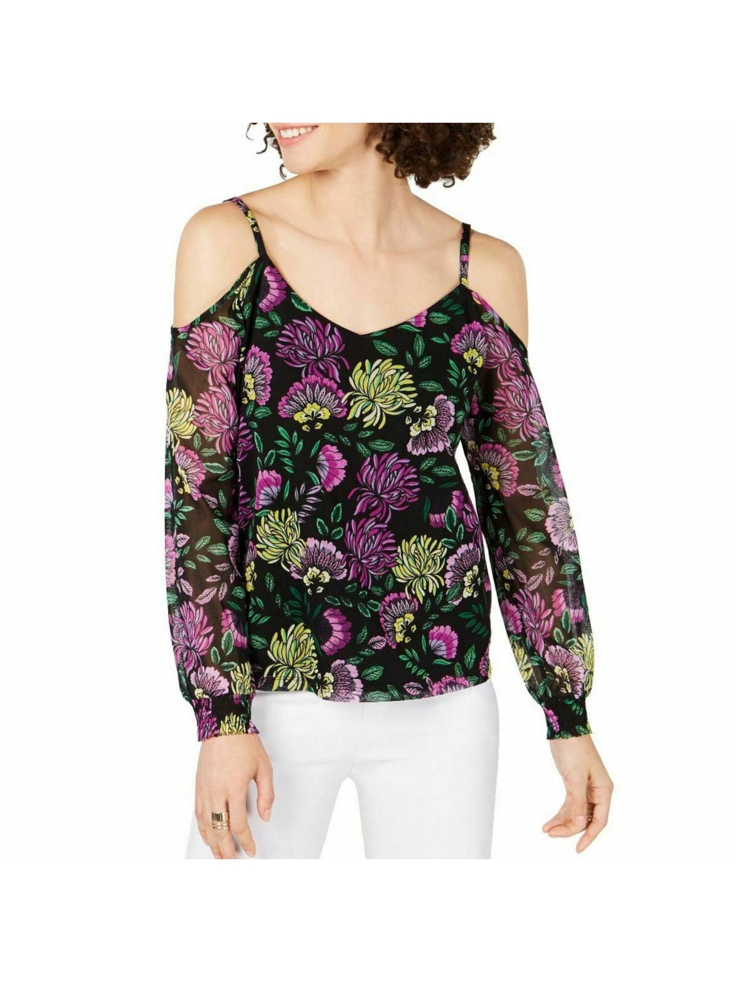 Blusa feminina floral com decote em V e manga comprida, tamanho pequeno e grande, da INC International Concepts
