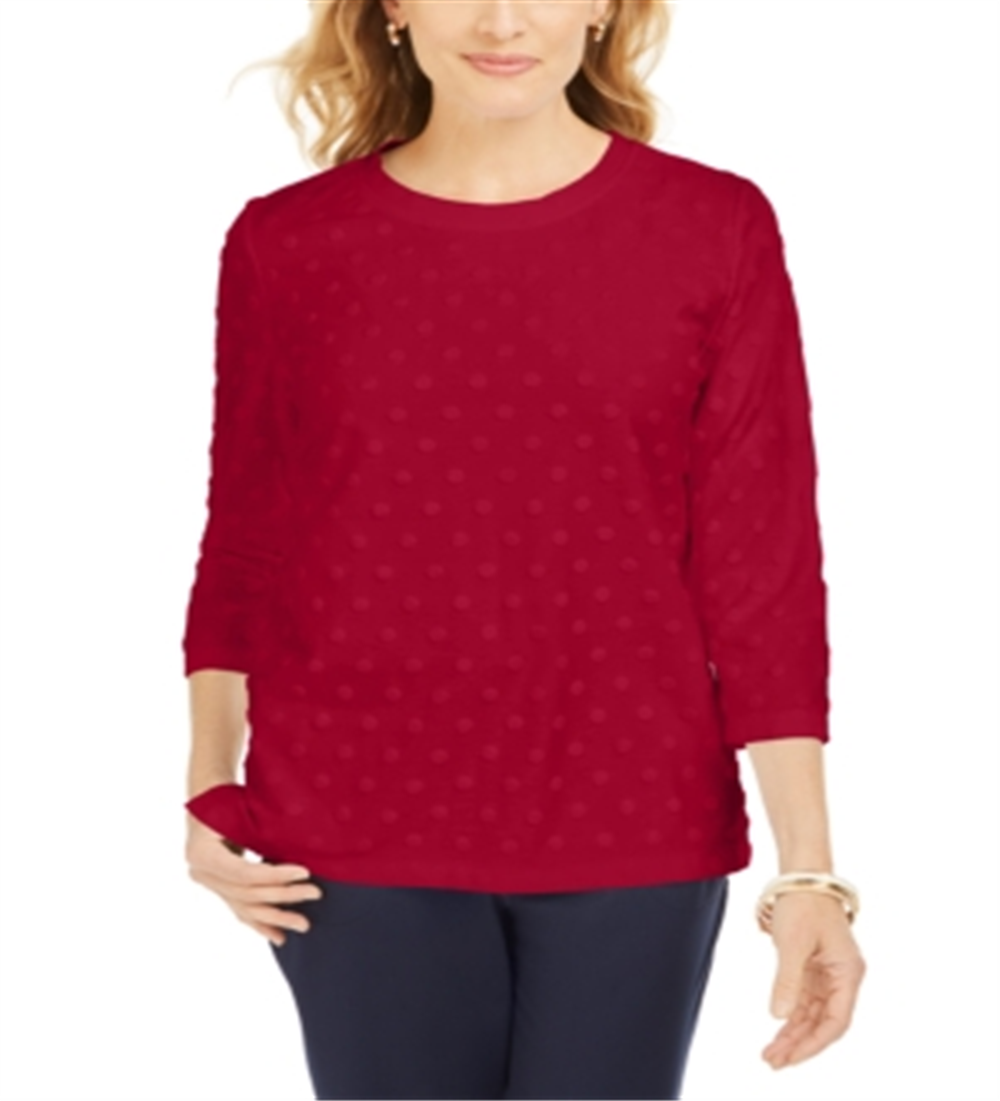 Karen Scott Top esportivo feminino texturizado com bolinhas, manga 3/4, vermelho, tamanho X-S