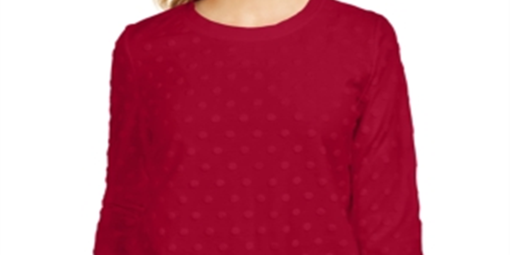 Karen Scott Top esportivo feminino texturizado com bolinhas, manga 3/4, vermelho, tamanho X-S