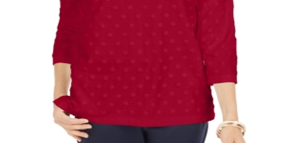 Karen Scott Top esportivo feminino texturizado com bolinhas, manga 3/4, vermelho, tamanho X-S