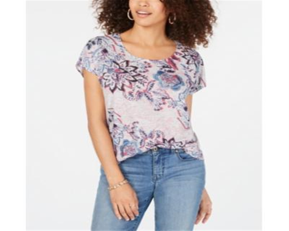Camiseta feminina estampada de manga curta Style &amp; Co cinza claro tamanho X-S
