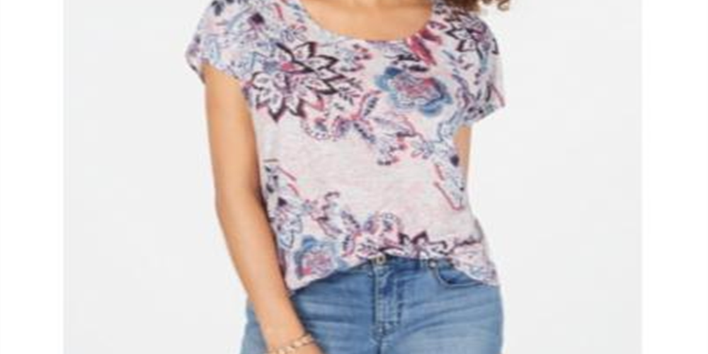 Camiseta feminina estampada de manga curta Style &amp; Co cinza claro tamanho X-S