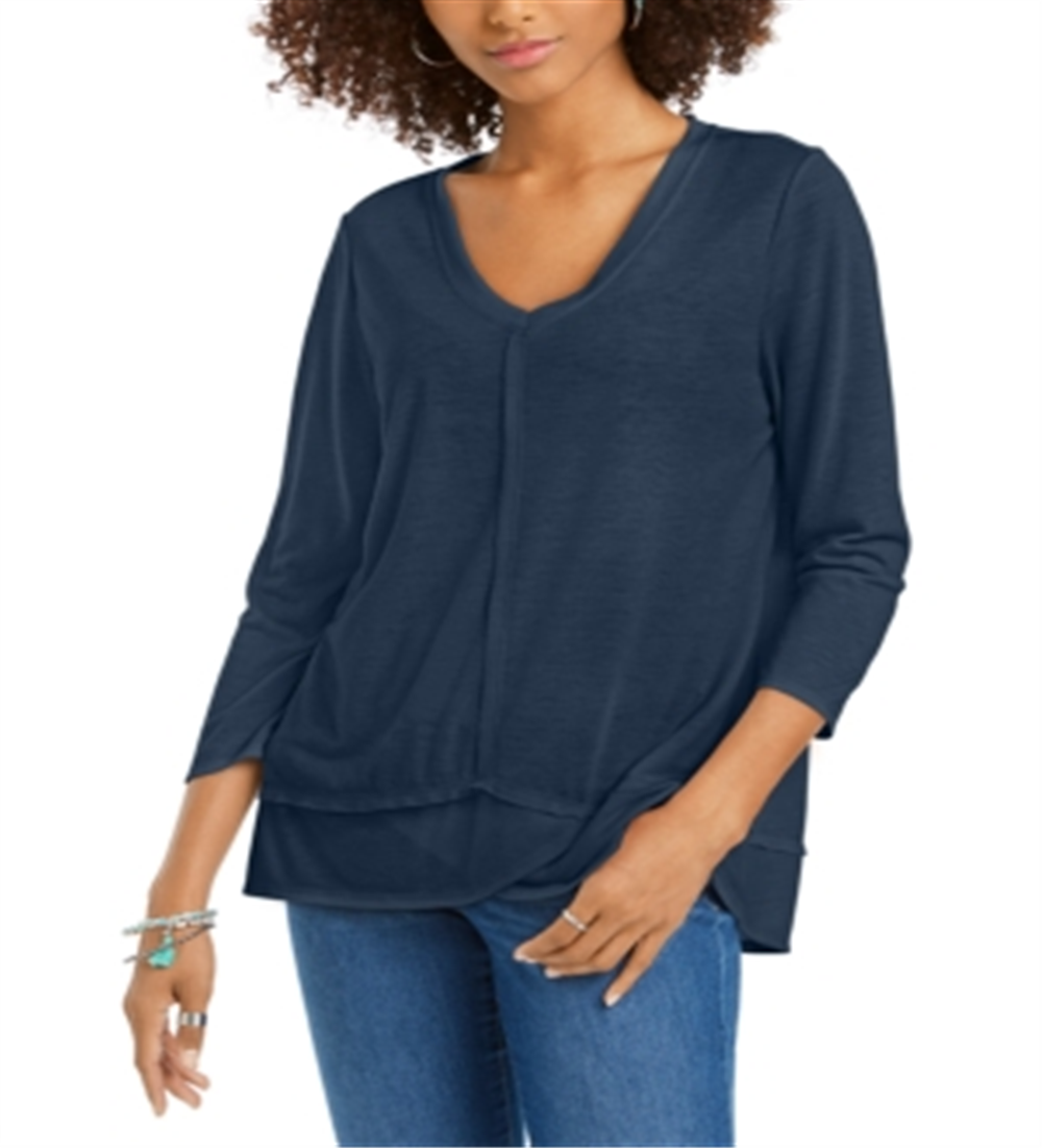 Estilo &amp; Co Feminino Detalhe de Costura Alto Baixo Top Azul Tamanho X-Small