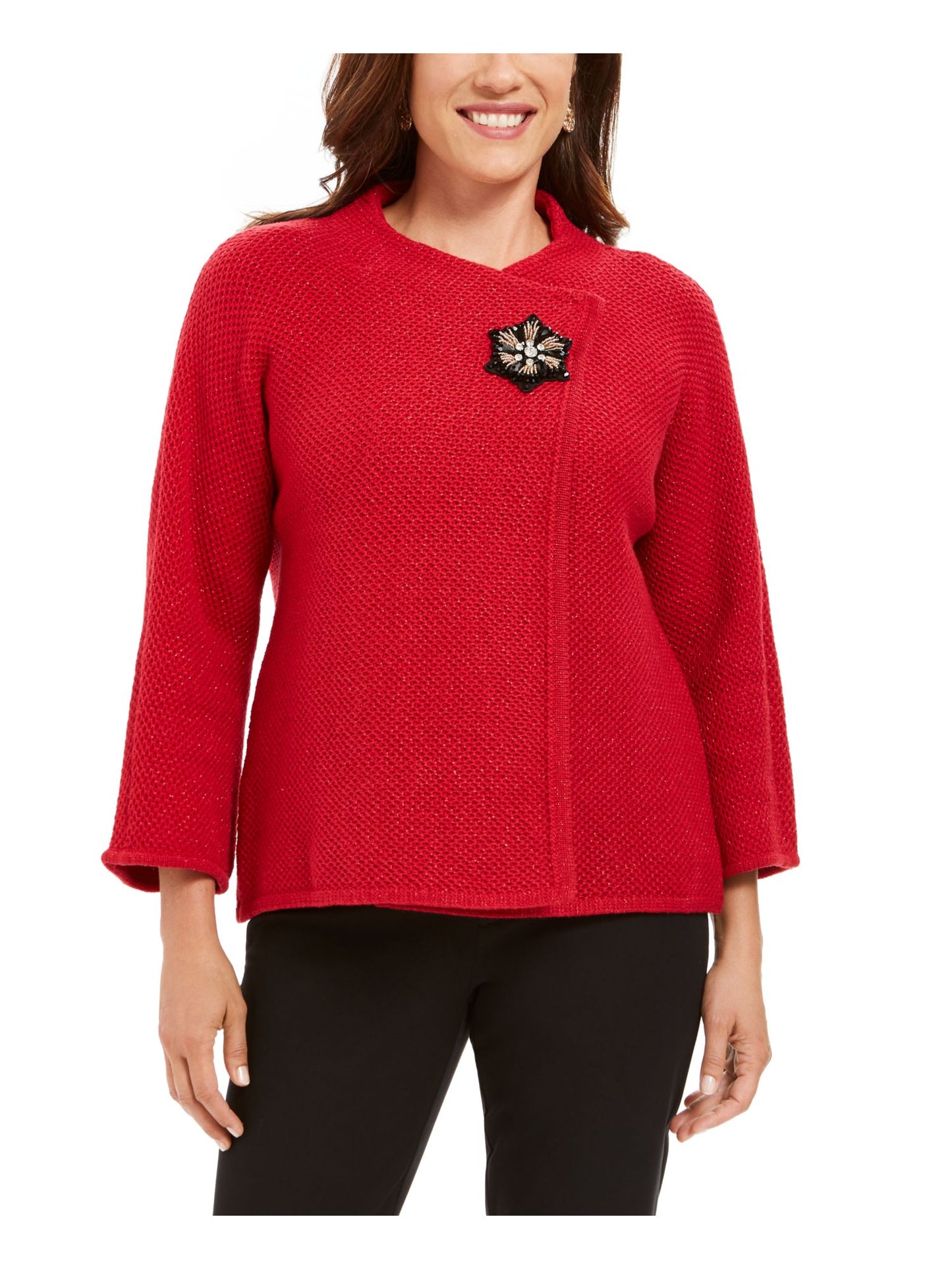 JM Collection Suéter feminino de manga comprida com decote redondo e estampa de bolinhas, tamanho pequeno, vermelho