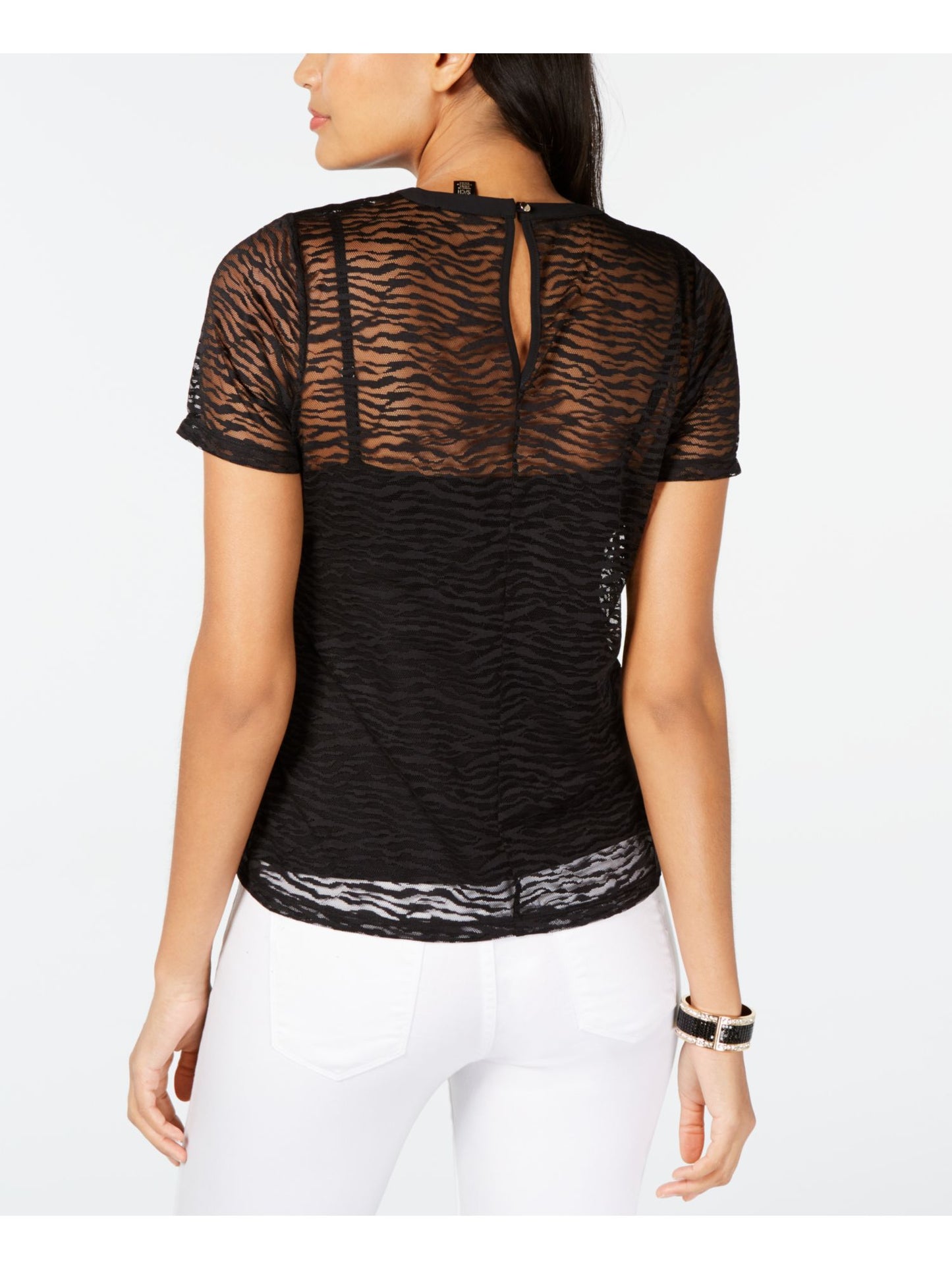 Thalia Sodi Blusa Feminina de Renda, Manga Curta, Gola Redonda, Preta, Tamanho P