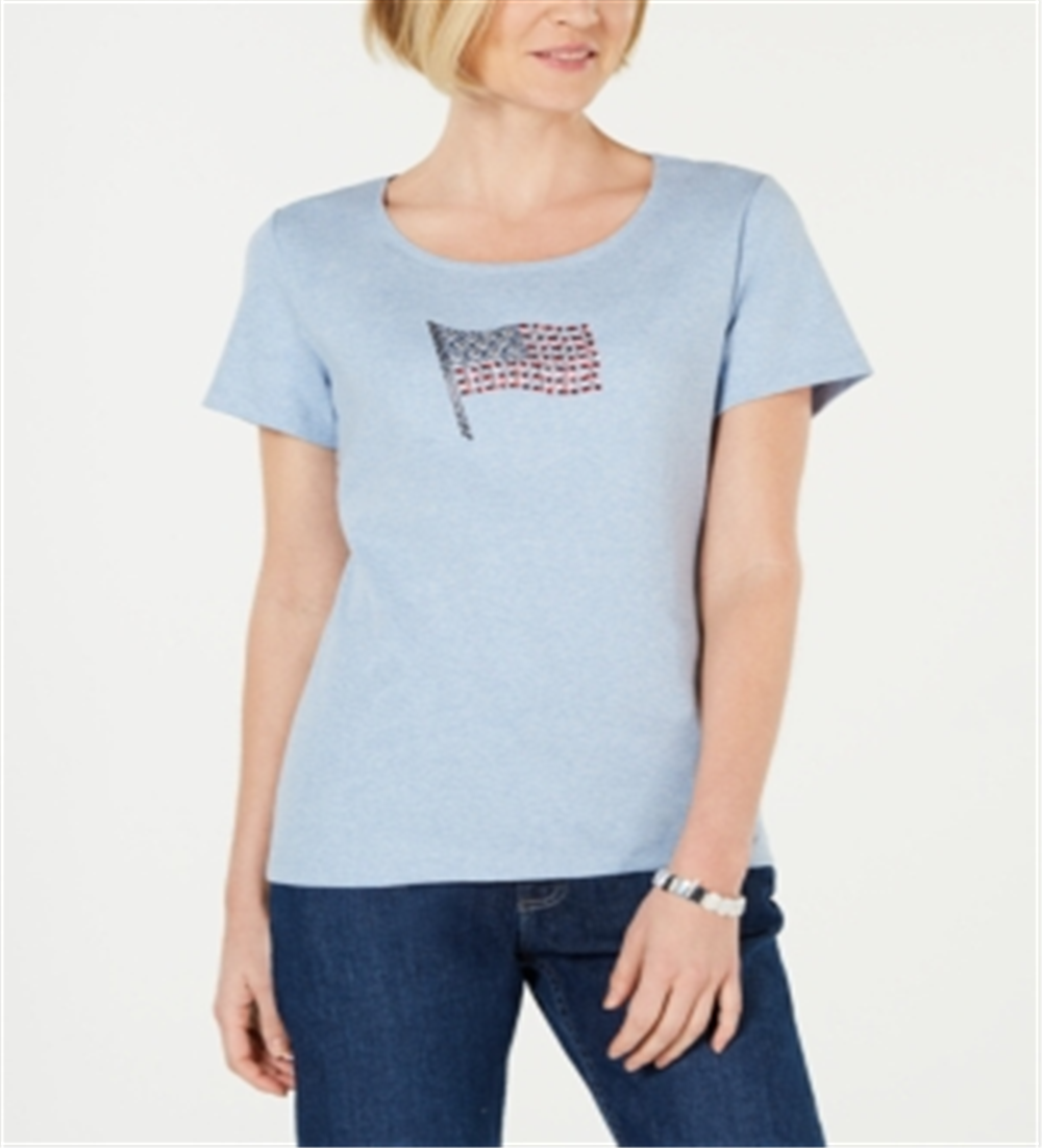 Camiseta feminina Karen Scott de algodão com estampa de bandeira, azul, tamanho médio