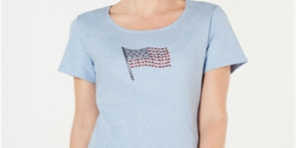 Camiseta feminina Karen Scott de algodão com estampa de bandeira, azul, tamanho médio