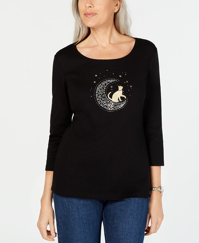 Camiseta feminina Karen Scott de algodão com contas, preta, tamanho pequeno e pequeno