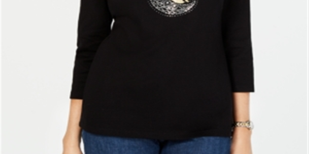 Camiseta feminina Karen Scott de algodão com contas, preta, tamanho pequeno e pequeno