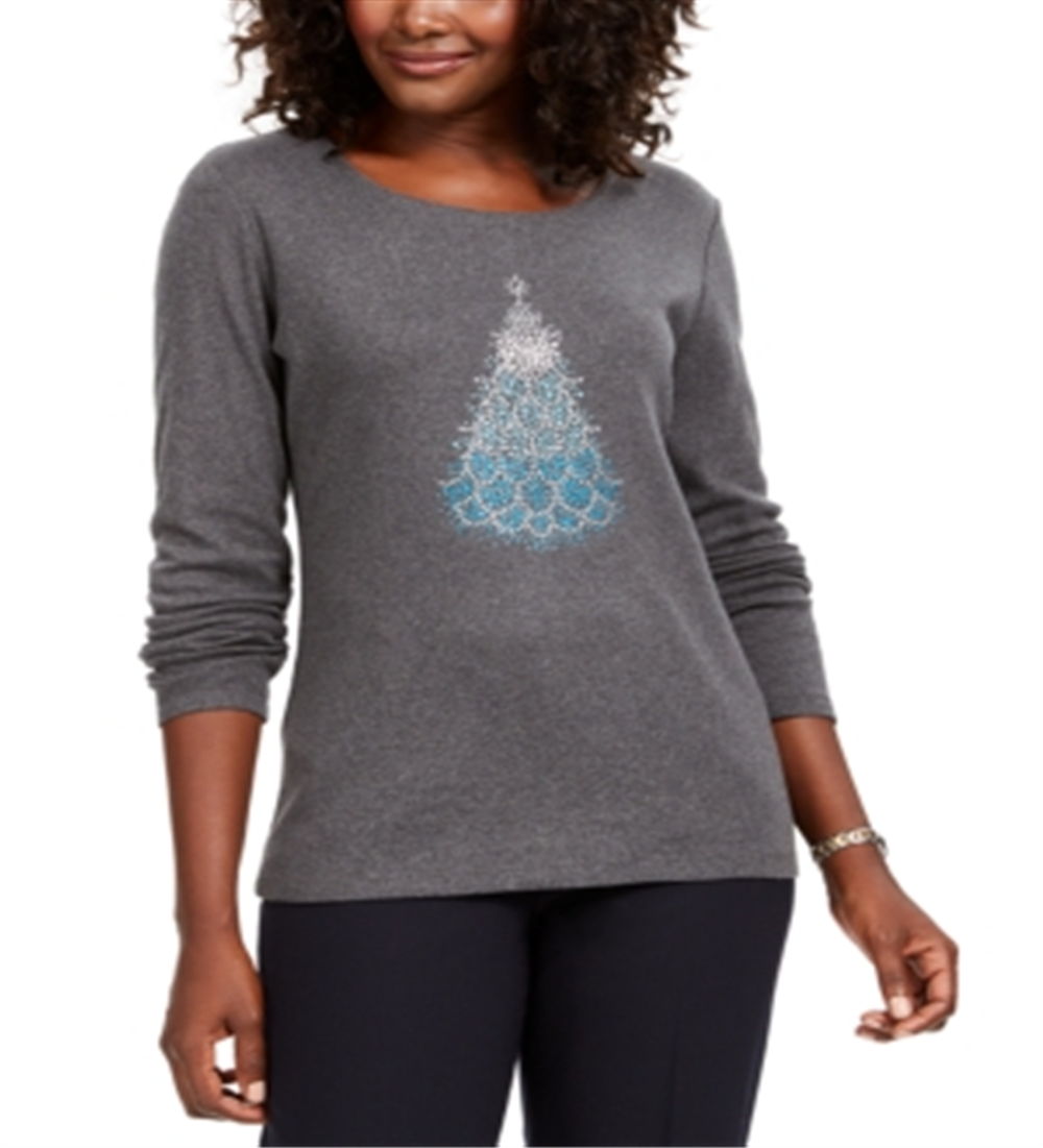 Camiseta feminina Karen Scott de algodão com estampa de Natal, cor carvão, tamanho extrapequeno