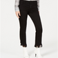 Calça jeans feminina INC International Concepts com franjas curvas e botões na frente, perna reta, preta, tamanho 2
