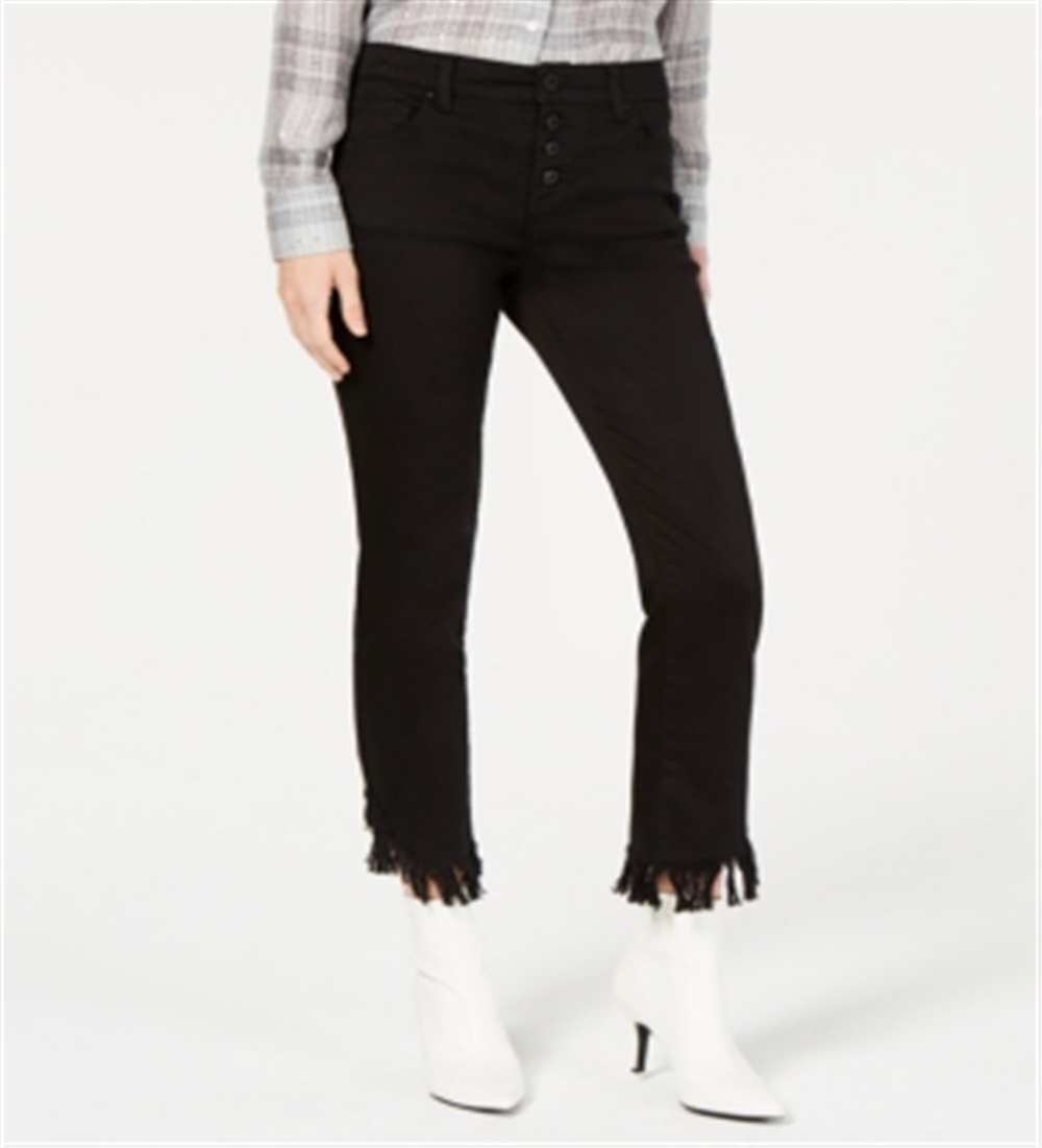 Calça jeans feminina INC International Concepts com franjas curvas e botões na frente, perna reta, preta, tamanho 2