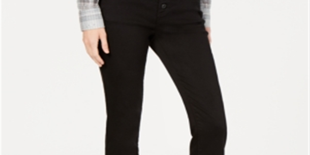 Calça jeans feminina INC International Concepts com franjas curvas e botões na frente, perna reta, preta, tamanho 2