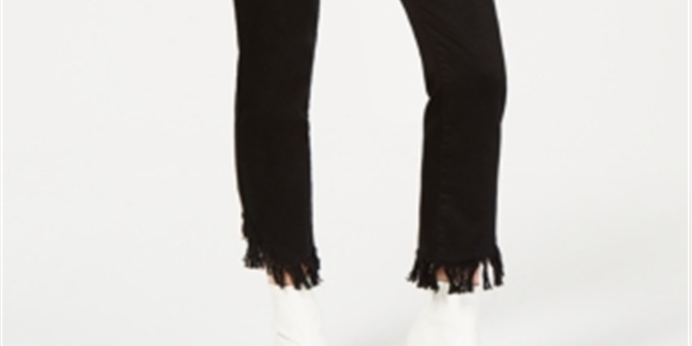 Calça jeans feminina INC International Concepts com franjas curvas e botões na frente, perna reta, preta, tamanho 2