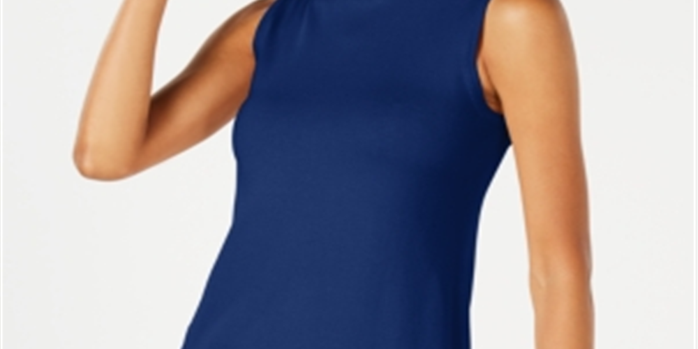 JM Collection Suéter feminino sem mangas com gola alta, azul, tamanho médio