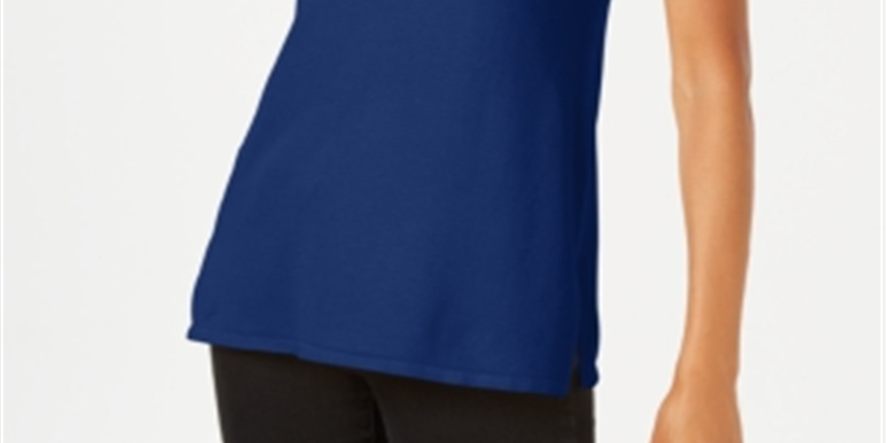 JM Collection Suéter feminino sem mangas com gola alta, azul, tamanho médio