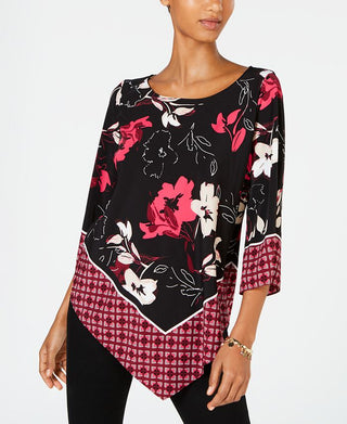 Blusa feminina Alfani com patch de borda em V, preta, tamanho pequeno M