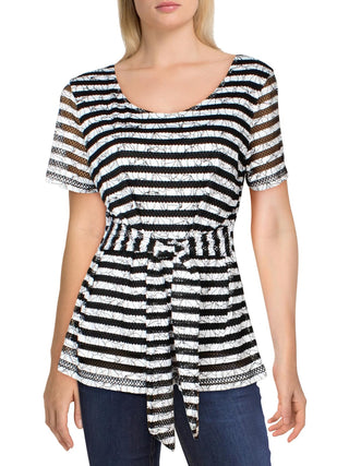 Top feminino texturizado com listras e amarração na cintura Alfani, preto, tamanho médio