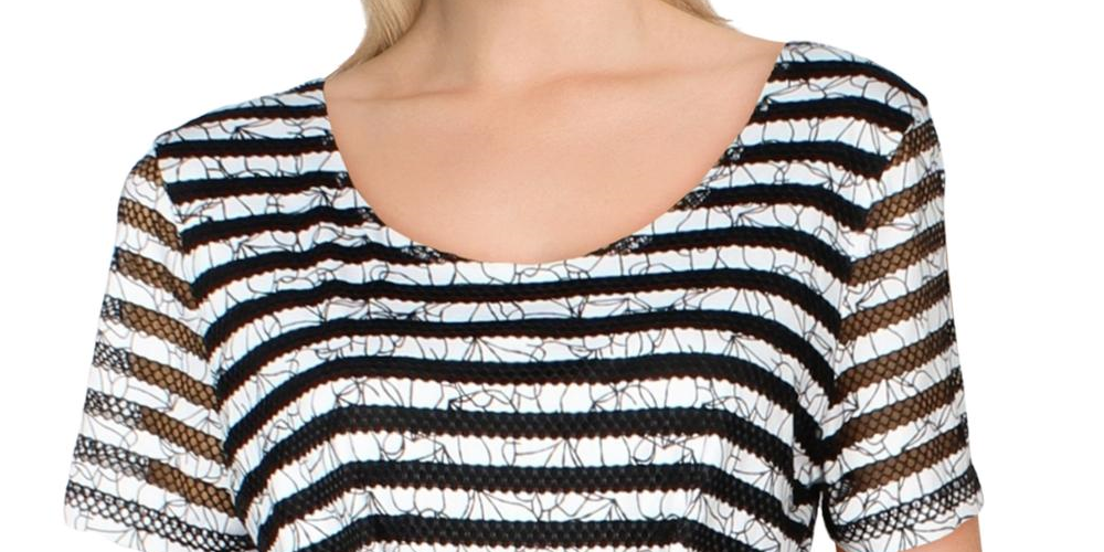 Top feminino texturizado com listras e amarração na cintura Alfani, preto, tamanho médio