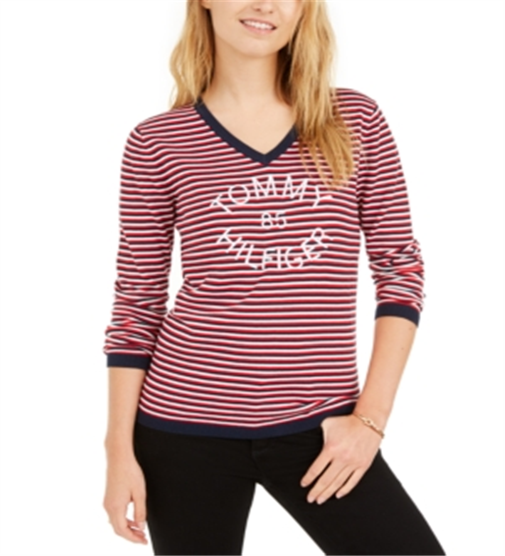 Tommy Hilfiger Suéter Feminino Listrado de Algodão com Gola V Azul Tamanho M
