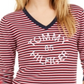 Tommy Hilfiger Suéter Feminino Listrado de Algodão com Gola V Azul Tamanho M