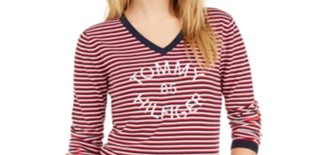 Tommy Hilfiger Suéter Feminino Listrado de Algodão com Gola V Azul Tamanho M