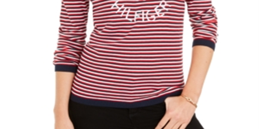 Tommy Hilfiger Suéter Feminino Listrado de Algodão com Gola V Azul Tamanho M