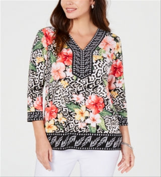 Túnica feminina com decote em V e detalhes em menta, tamanho XS, da coleção JM