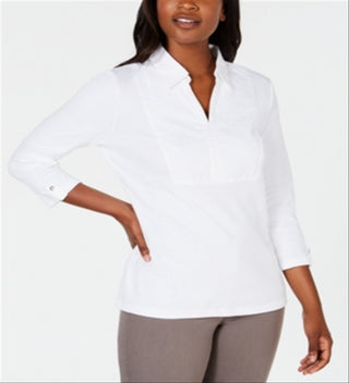 Karen Scott Women's Cotton Eyelet Yoke Top White Size Medium